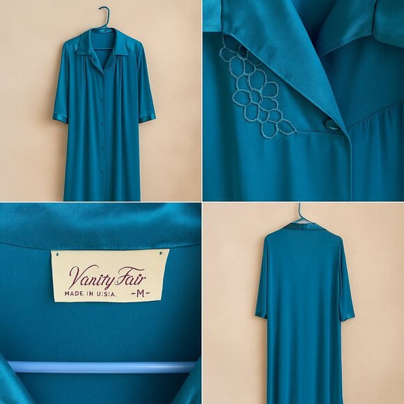 Vintage Vanity Fair Turquoise Nylon Robe - M (Made in USA) 🇺🇸 - Picture 2 of 5